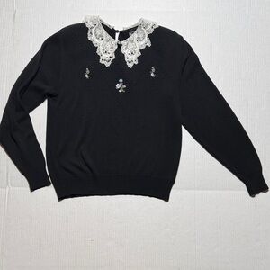 VINTAGE Southern Lady Black‎ Knit Sweater Lace Collar Long Sleeve Floral Print S